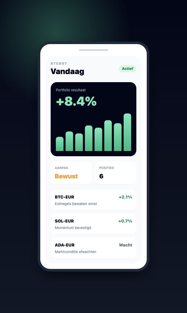 Mobiele BtcBot preview met portfolio en marktstatus