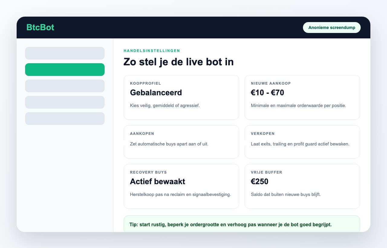 Anonieme screendump van BtcBot handelsinstellingen